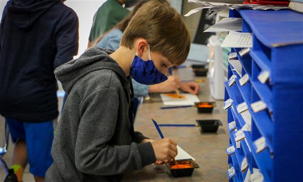 Boy paints pumpkin